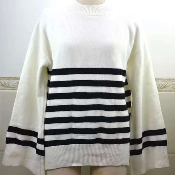 MOCK‎ NECK PULLOVER SWEATER OVERSIZED STRIPED BELL LONG SLEEVES - Picture 2 of 8